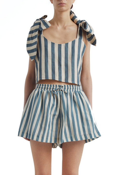 Liana Green Stripes Linen Shorts