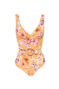 One piece with floral print and moderate coverage. Women one piece with v neck line